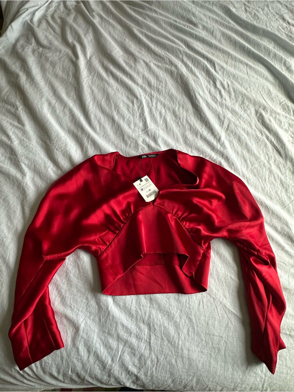 Zara Bright Red Satin Cropped Long-Sleeve Top